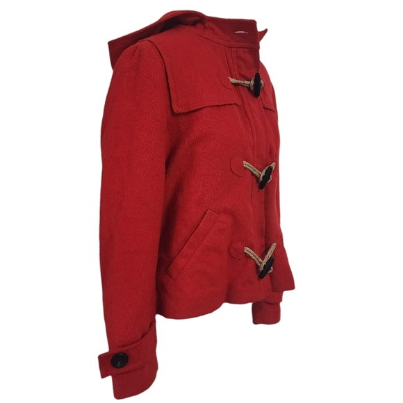 Anthropologie | Hinge Red Toggle Wool Blend Hooded Coat Jacket - Picture 4 of 9